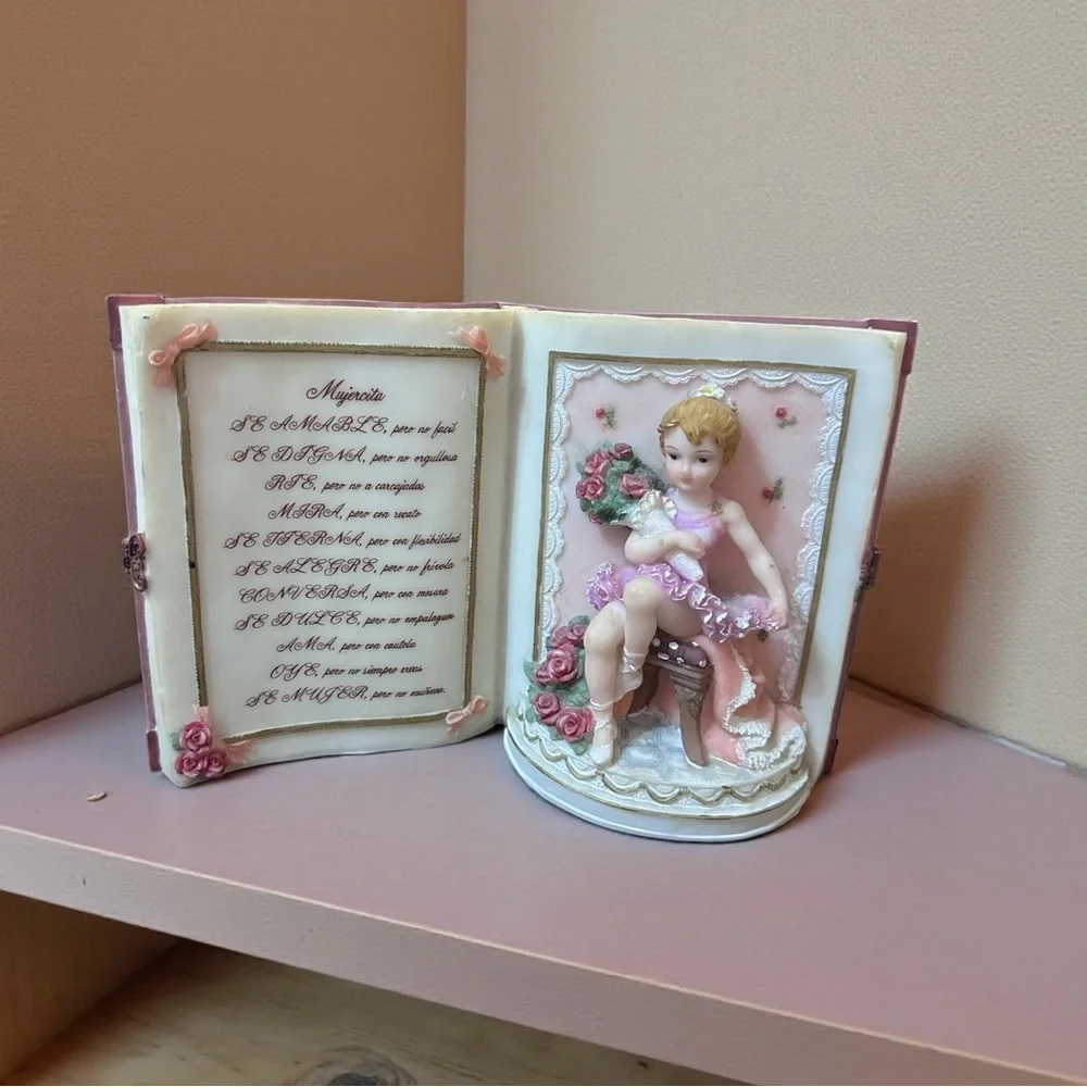 Montefiori Collection Porcelain Ballerina Book Figurine Vintage Pink Decor, Poem